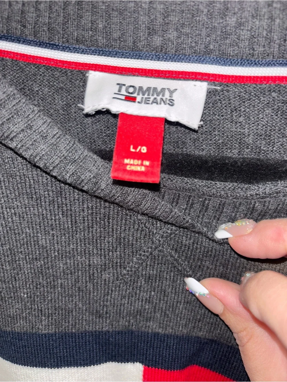 Tommy Hilfiger Dark Gray Crewneck Sweater with Red, White & Navy Flag